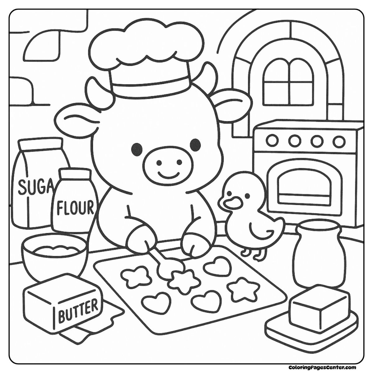 Cow coloring sheet of baking stars and hearts with butter and flour