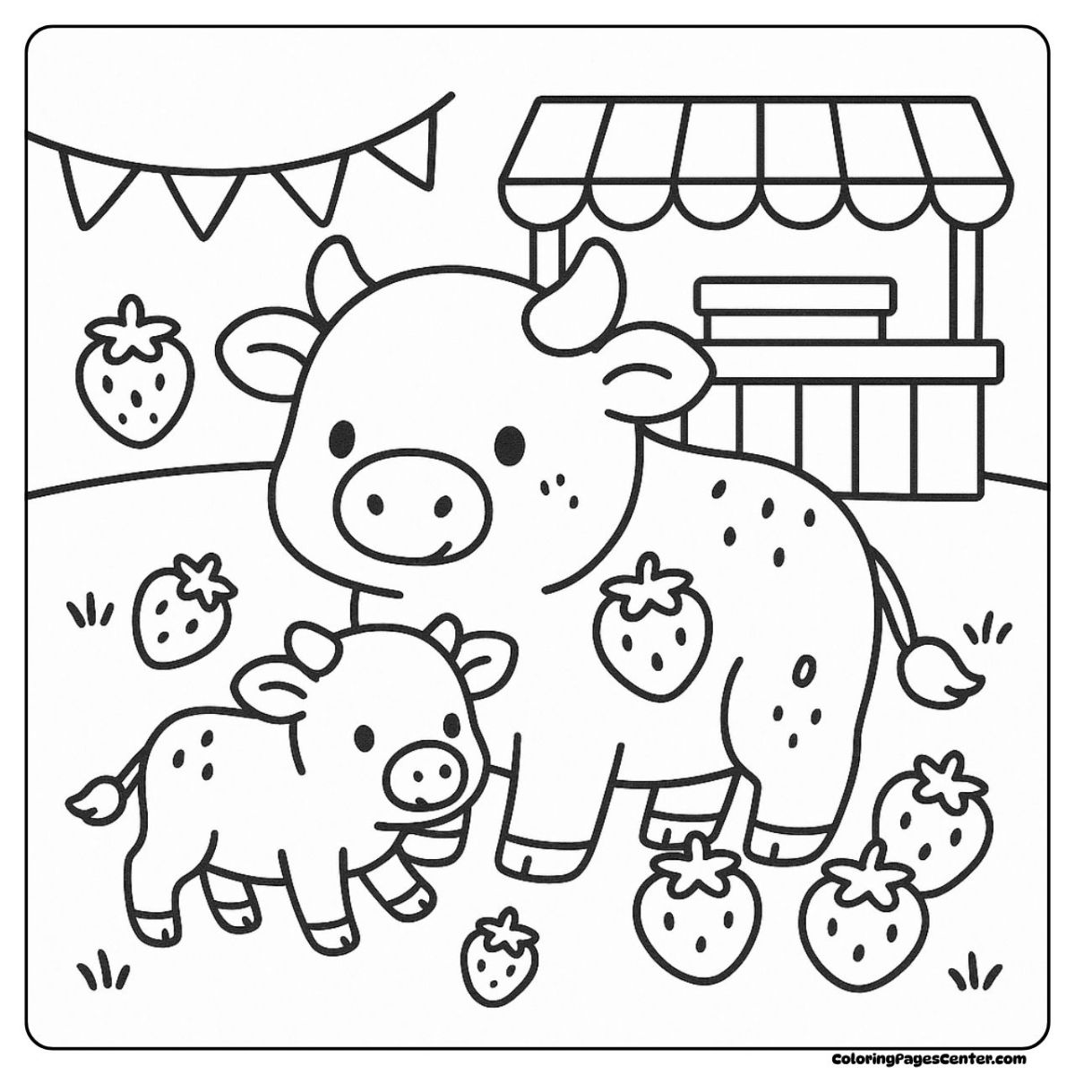 Cow coloring sheet of a calf and cow picking berries together