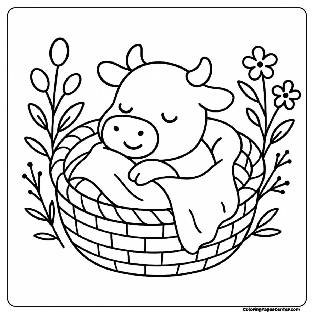 Cow coloring page of a calf napping in a cozy, leafy nest