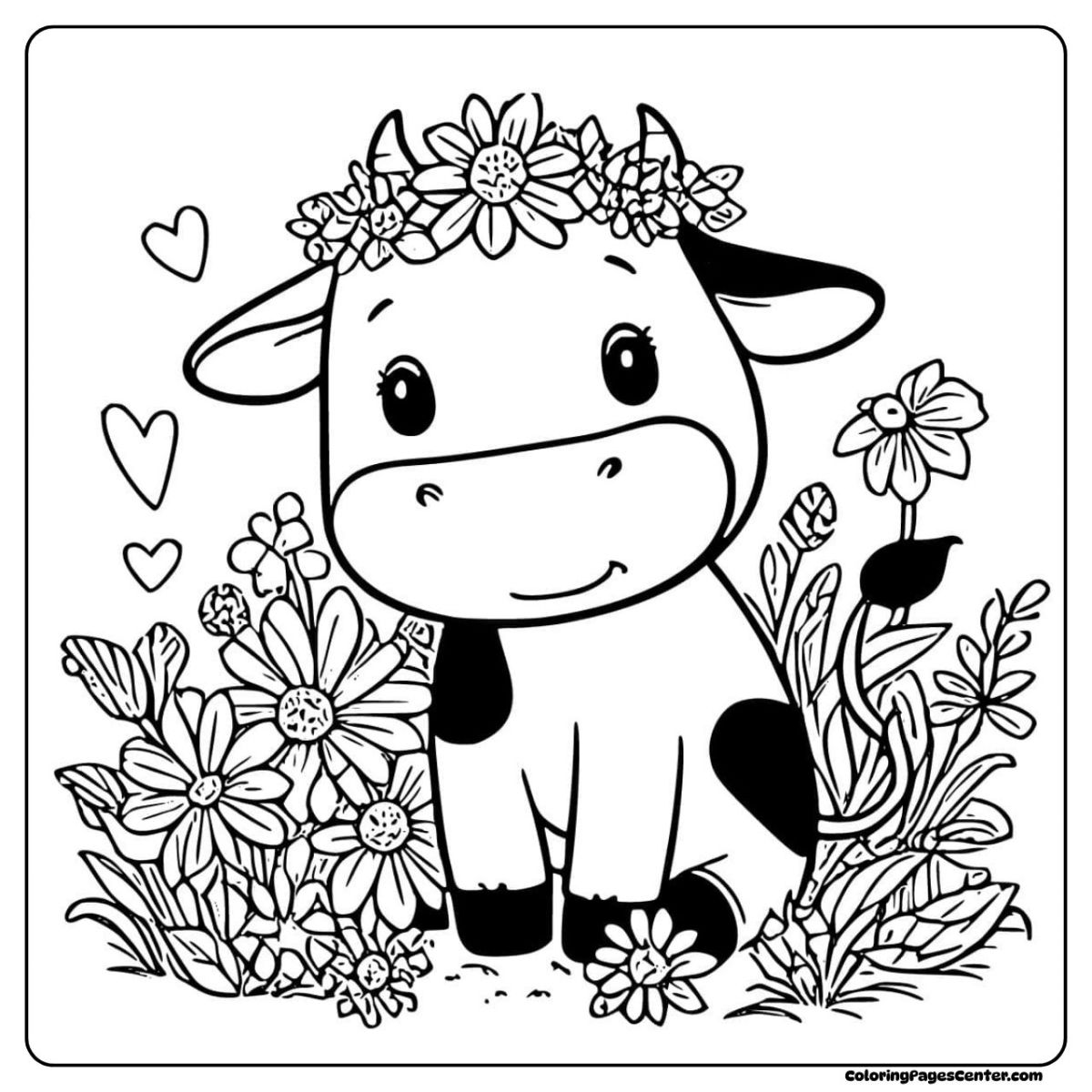 Cow coloring page featuring a flower-crowned cow with shy charm
