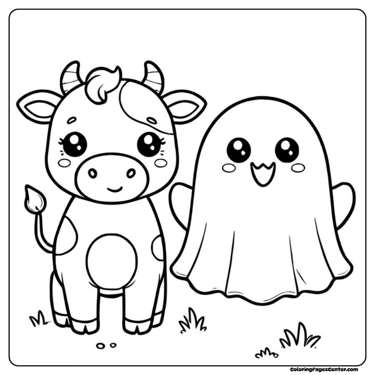 Cow coloring page with happy ghost and playful moonlight
