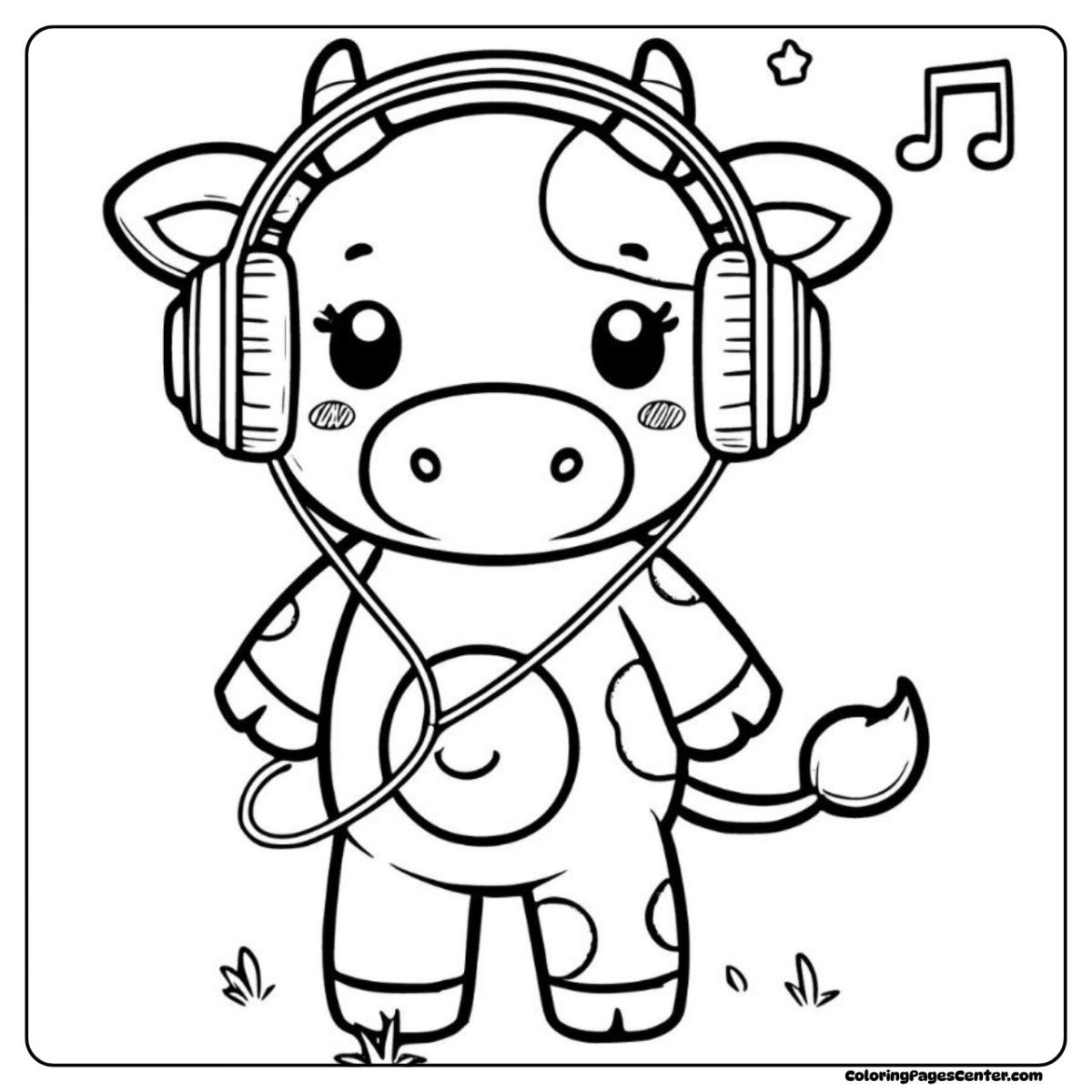 Music-loving cow coloring page with chill, relaxed vibe