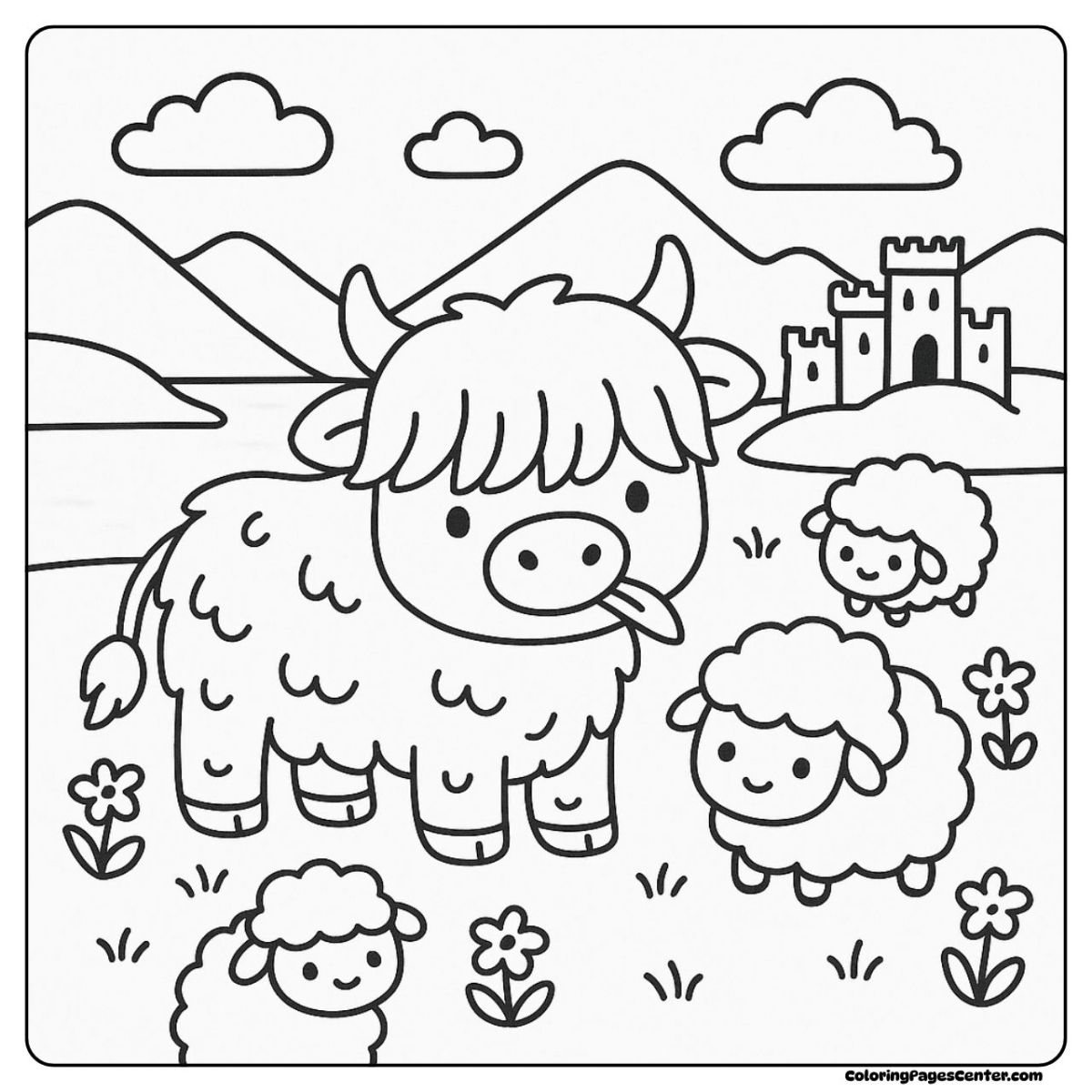 Fluffy cow and happy sheep in a meadow with hills on a coloring sheet