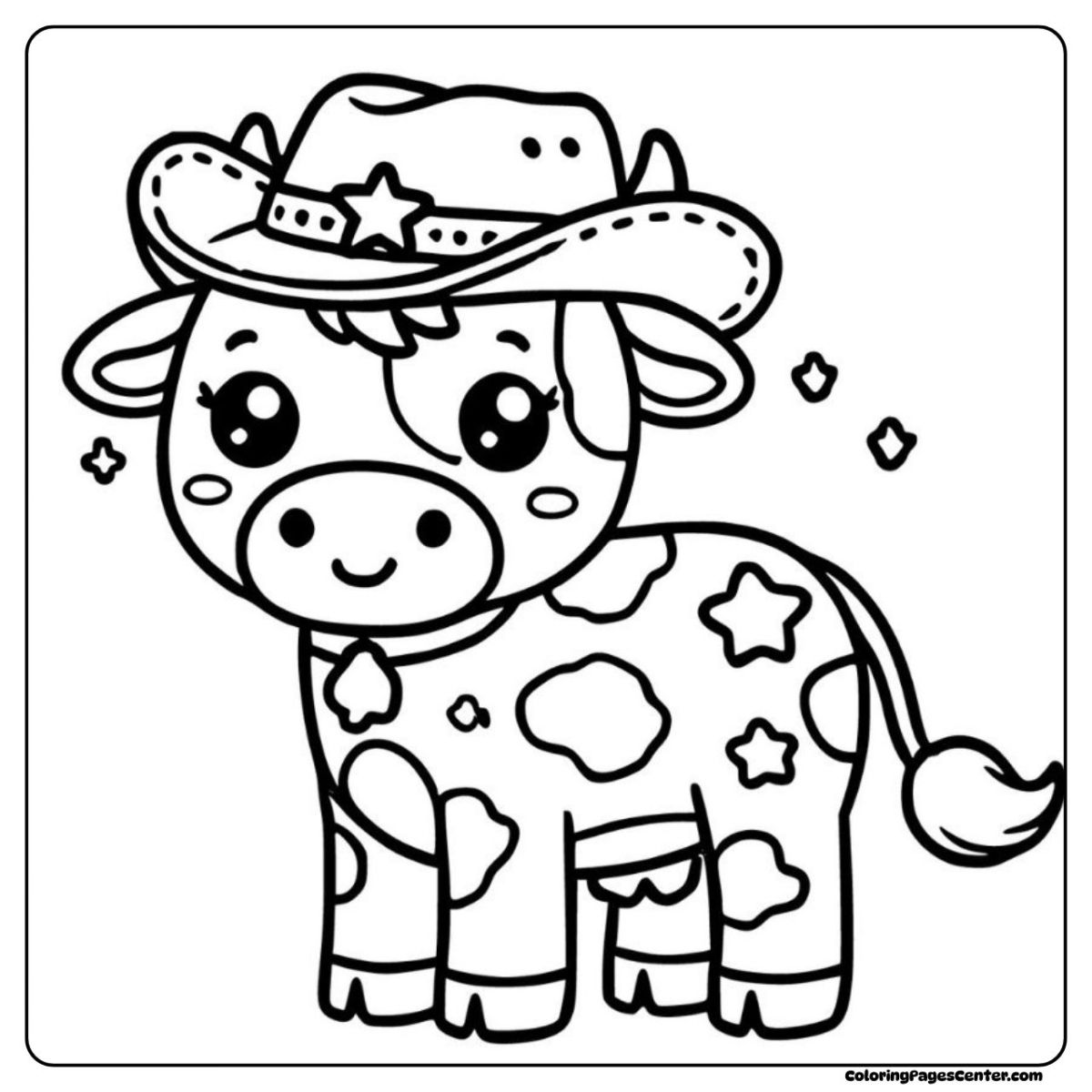 Playful cow coloring page with cowboy hat and dreams