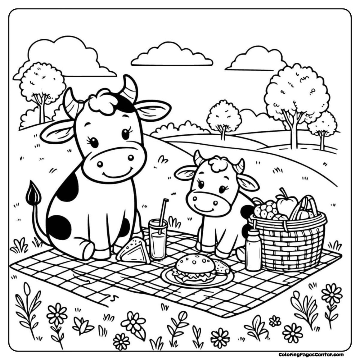 Cow coloring page of two cows enjoying food and fresh air