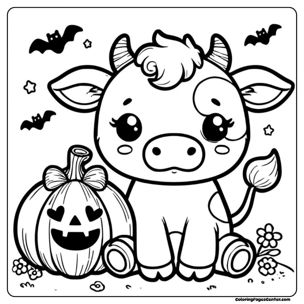 Cow coloring sheet with jack-o-lantern, bats, and moon