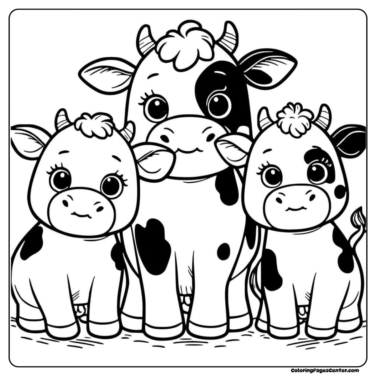 Cow coloring page of a happy cow family in one sweet shot