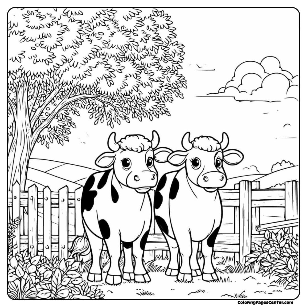 Two cows standing together in a green meadow on a coloring page
