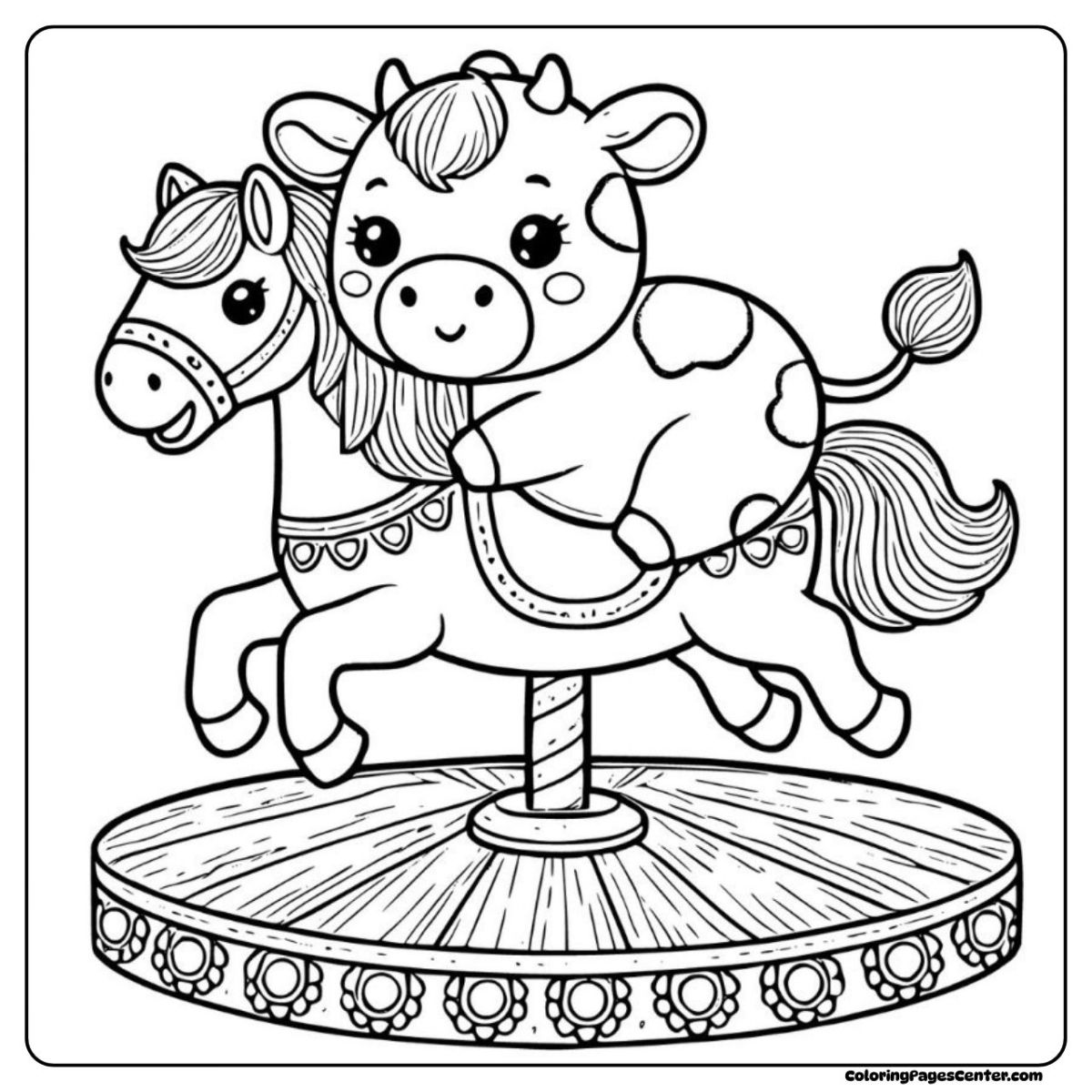 Cow coloring pages showing carousel ride with smiling calf