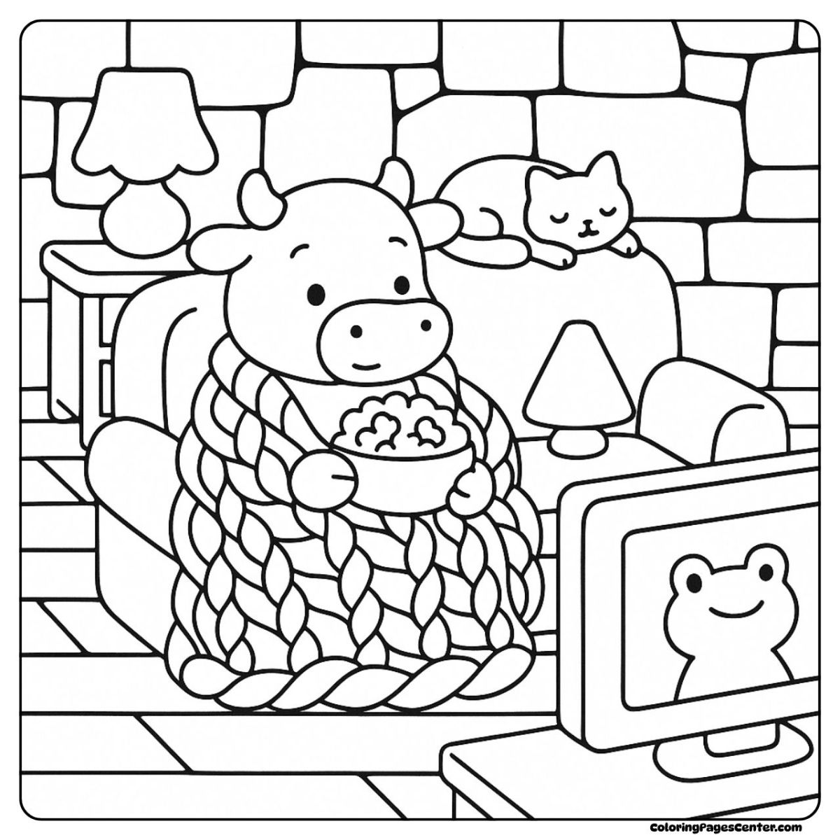 Cow coloring pages showing a warm blanket, popcorn, and a calm evening
