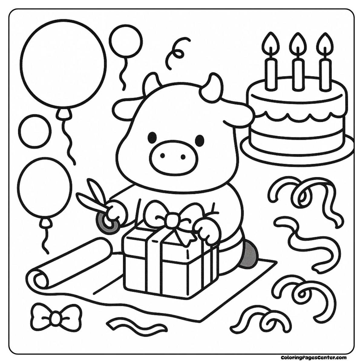 Cow coloring pages with balloons, cake, ribbons, and a wrapped present