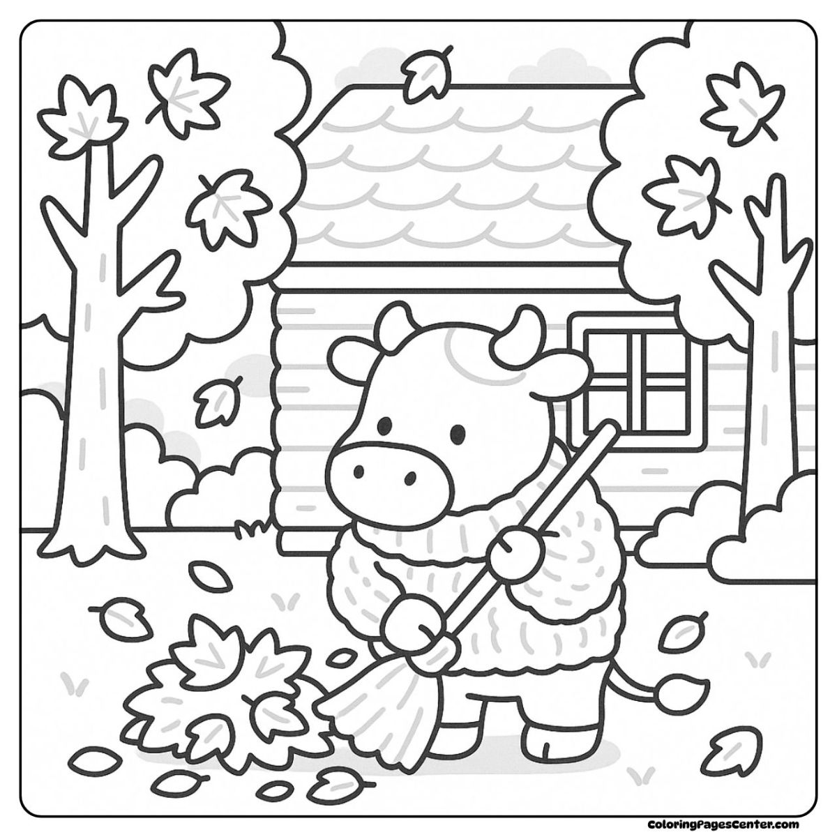 Cow coloring pages with a cow in a sweater, trees, and swirling leaves