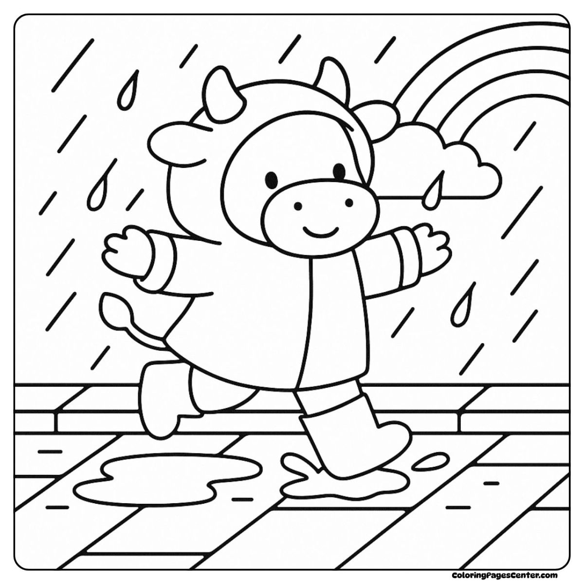 Cow coloring pages with raincoat, rainbow, and splashing in puddles