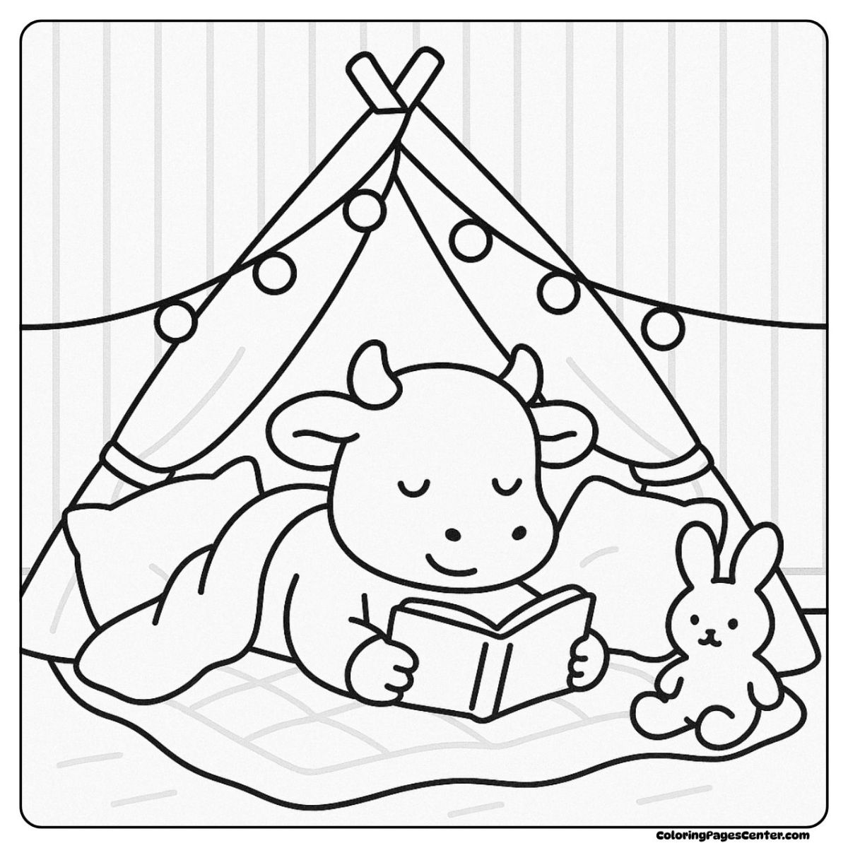 Cow coloring pages with a storybook, pillows, and fairy lights