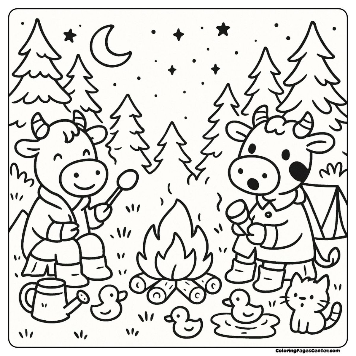 Cow coloring pages with forest tents, campfire, and toasted treats