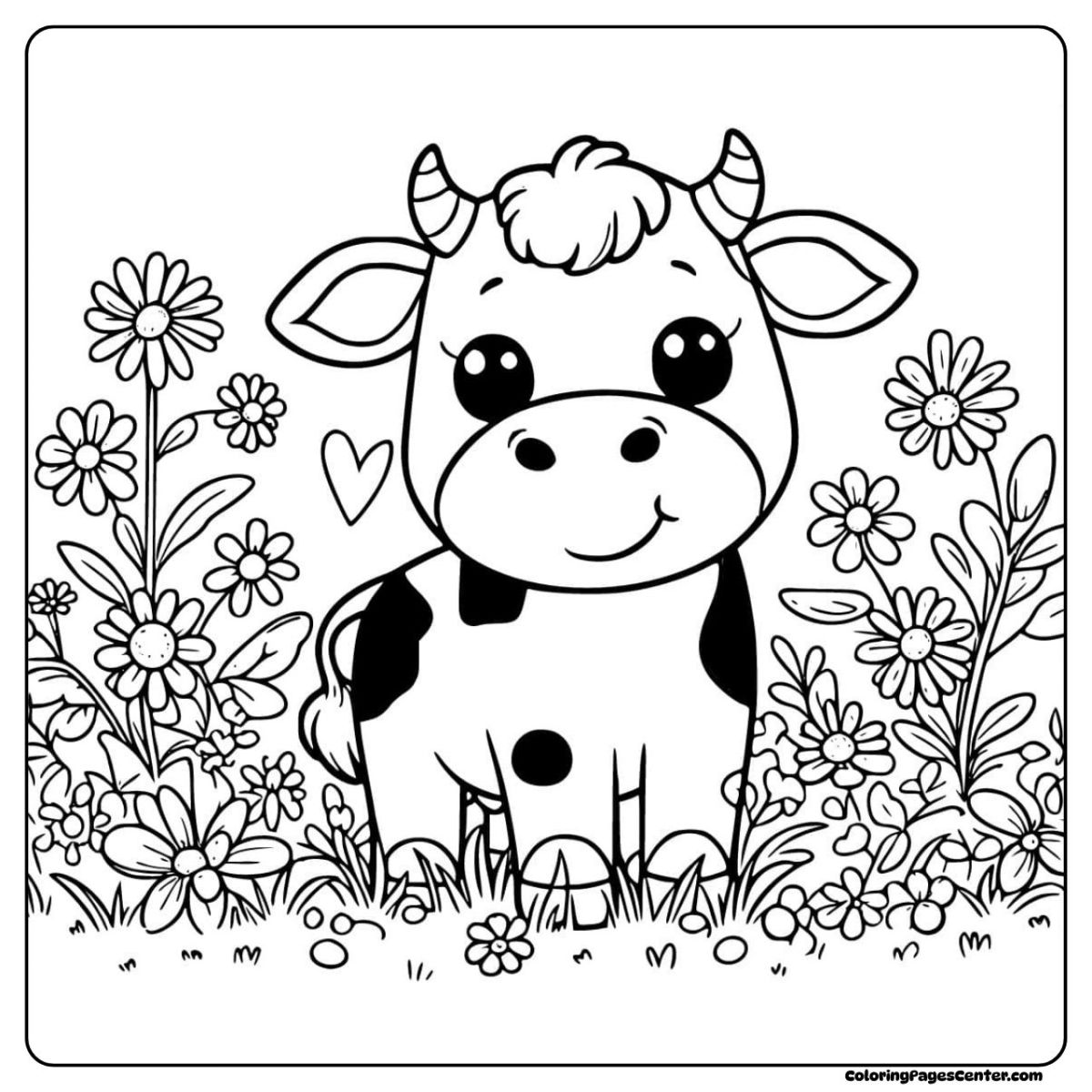 Cow coloring pages with a happy little calf and lots of flowers