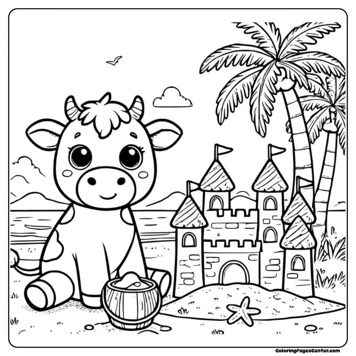Cow coloring pages showing a castle-building day at the seaside
