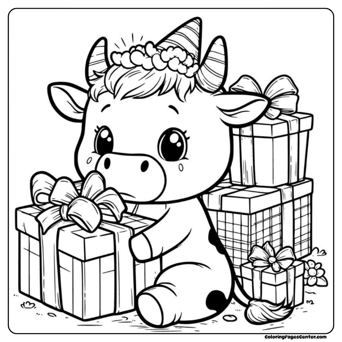 Cow coloring pages of a joyful calf in party hat with gifts