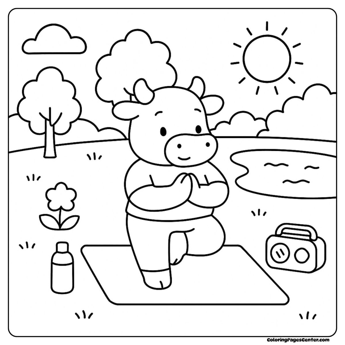 Cow coloring pages with yoga mat, sunshine, and gentle nature