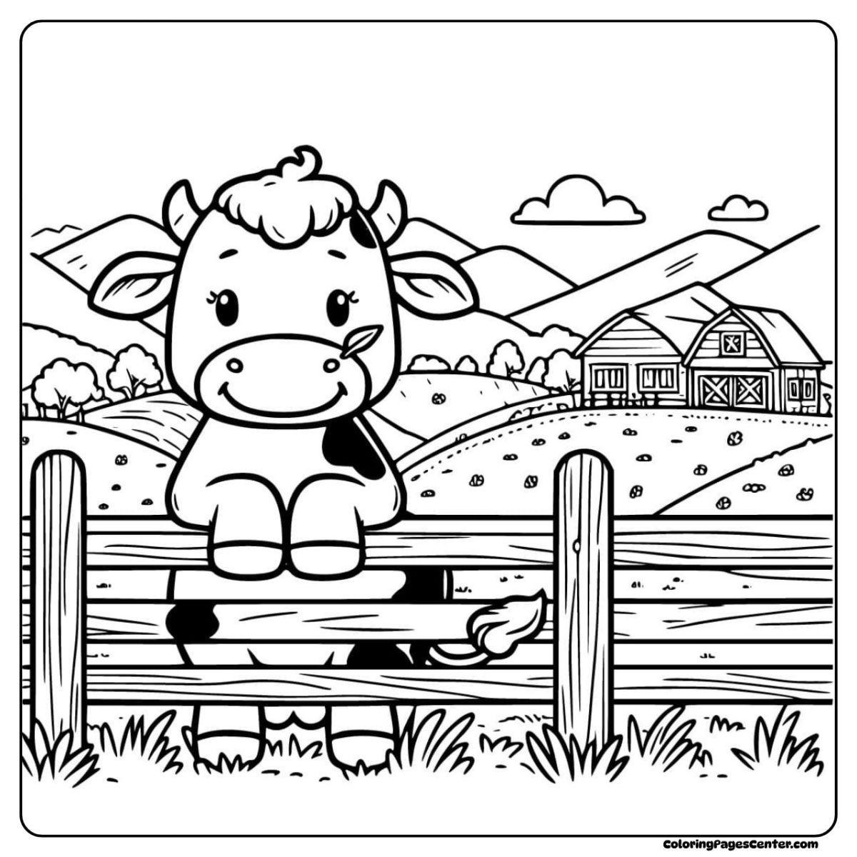 Cow coloring pages showing a happy calf and hills in the distance