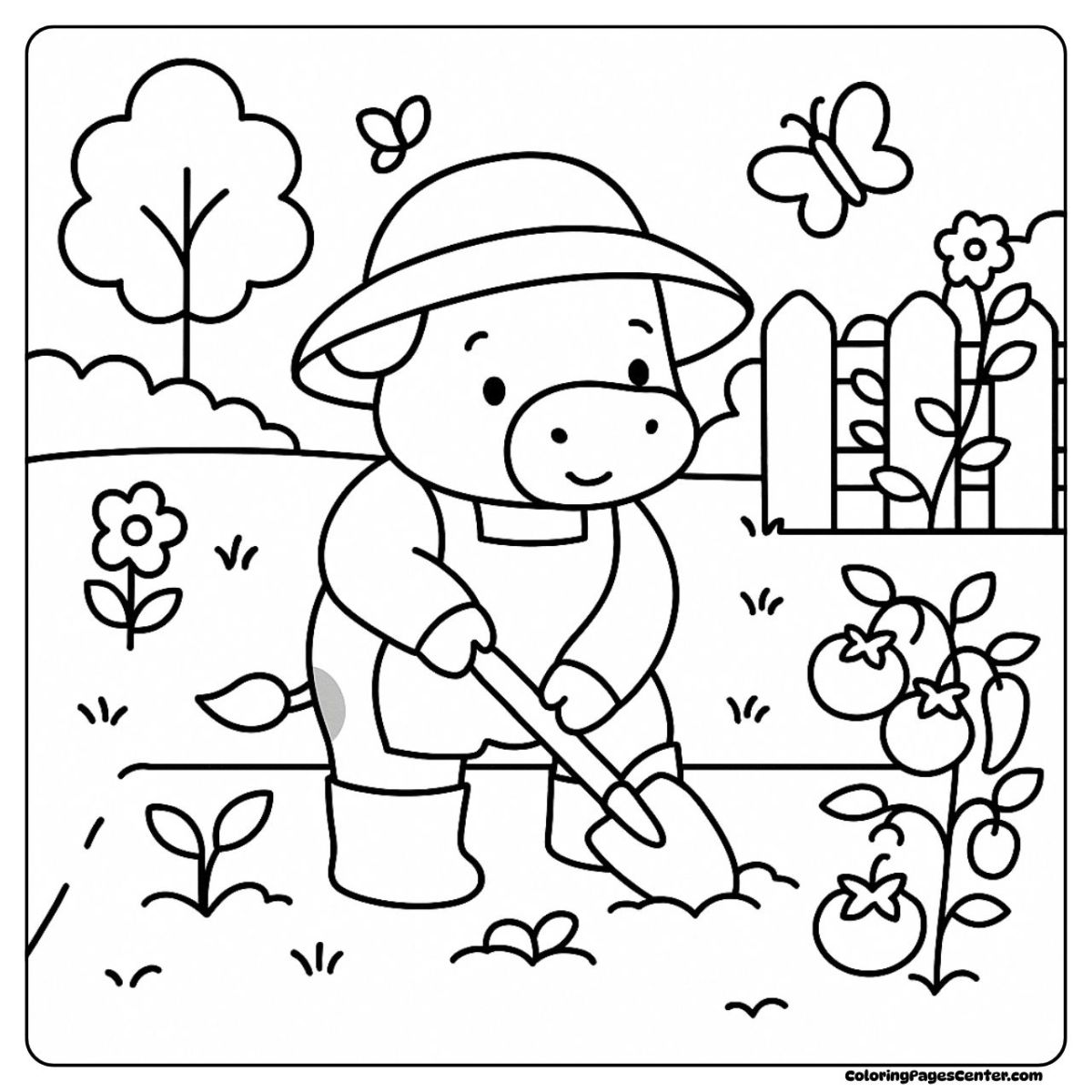 Cow coloring pages with garden tools, flowers, and ripe tomatoes