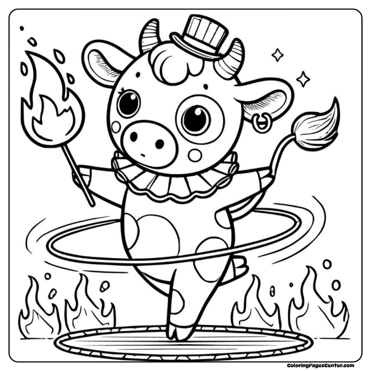 Cow coloring pages with a calf in clown costume and fire hoops