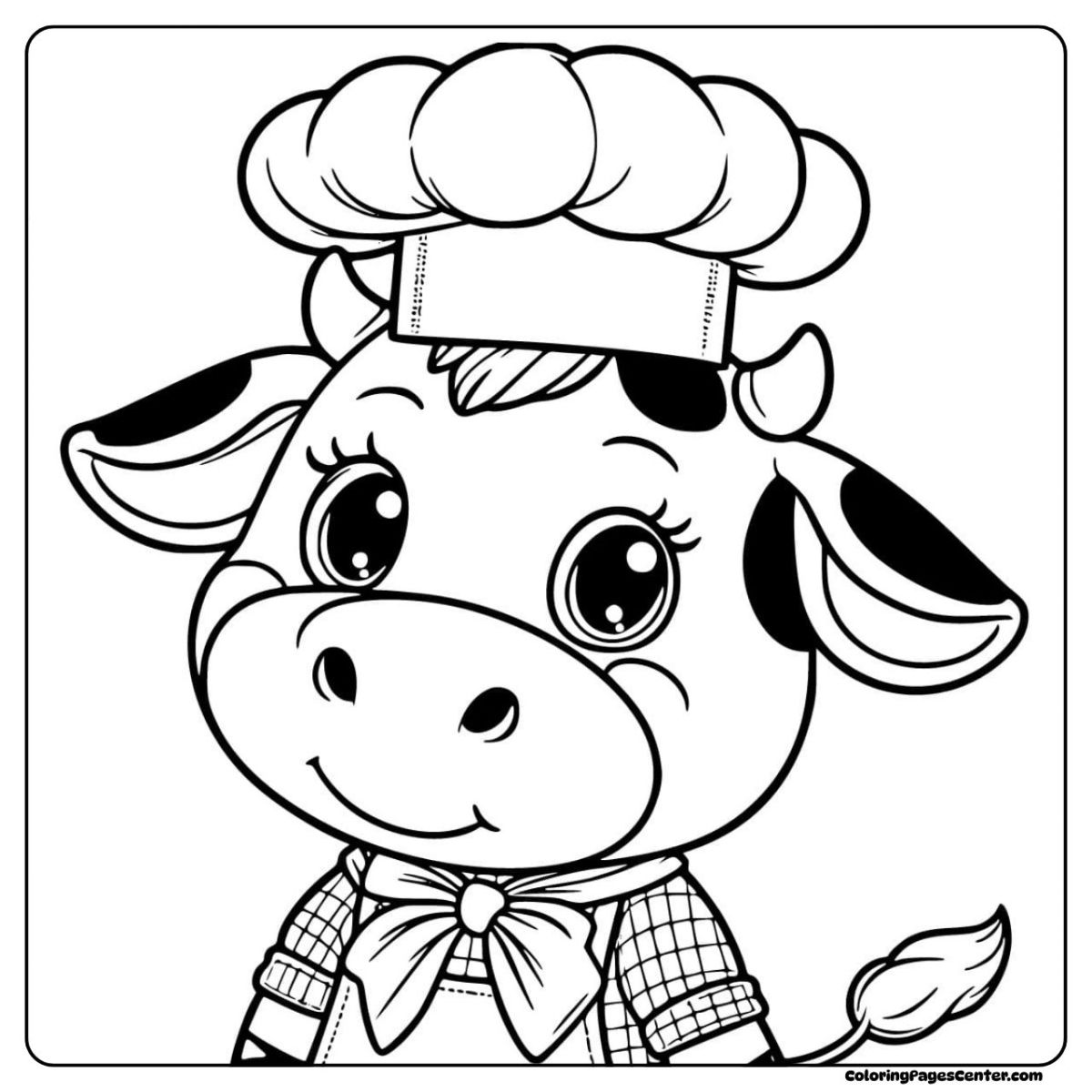 Cow coloring pages with a cow wearing a chef’s hat and a big smile