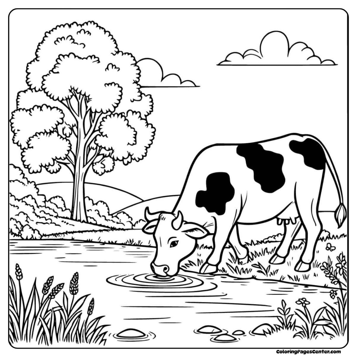 Cow coloring pages with calm river, grassy bank, and quiet cow