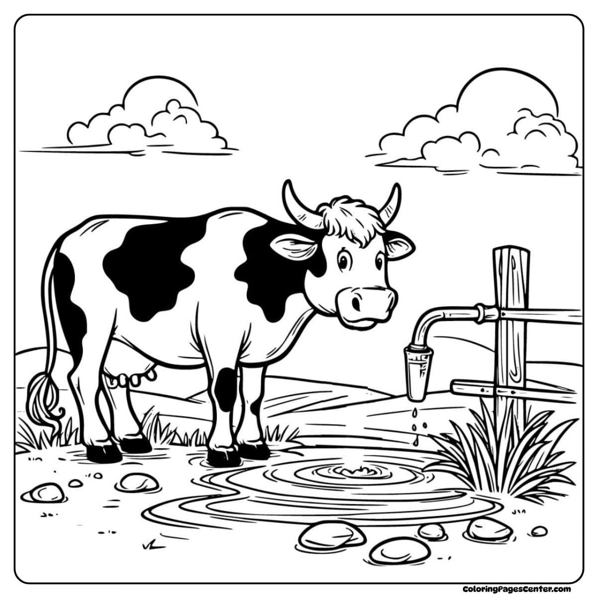 Cow coloring pages of a peaceful moment by the water pipe