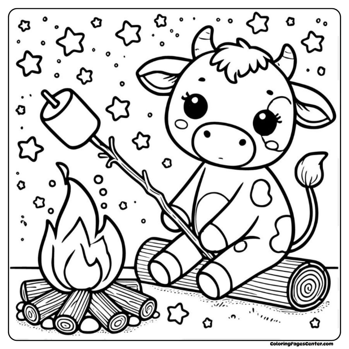 Cow coloring pages with stars, fire, and marshmallow delight