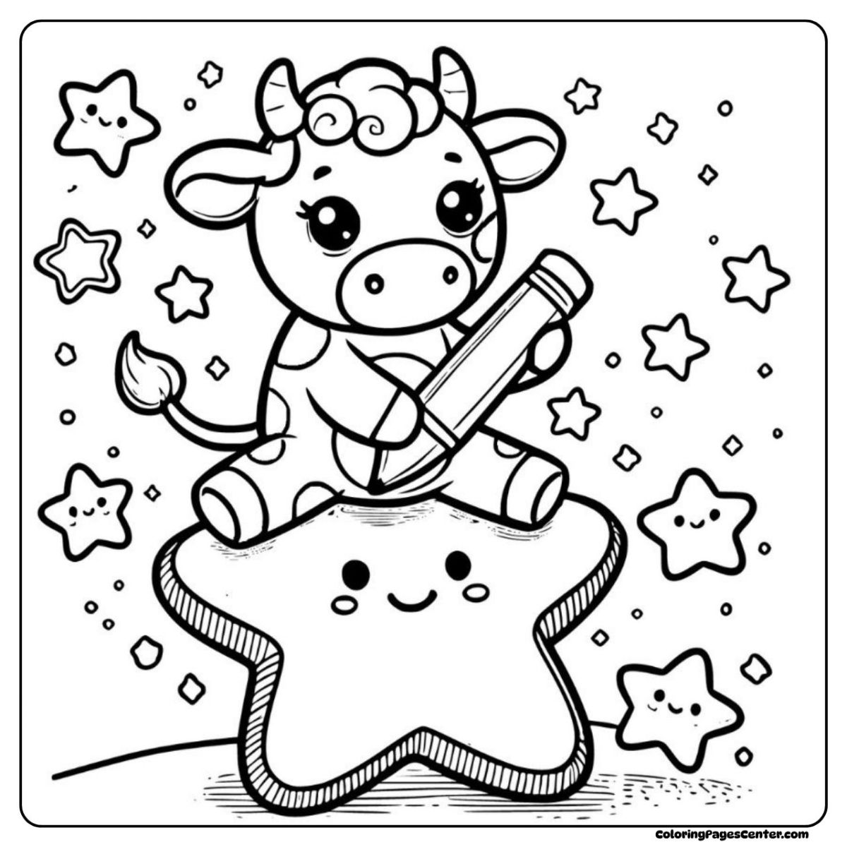 Cow coloring pages with a pencil and happy stars floating around