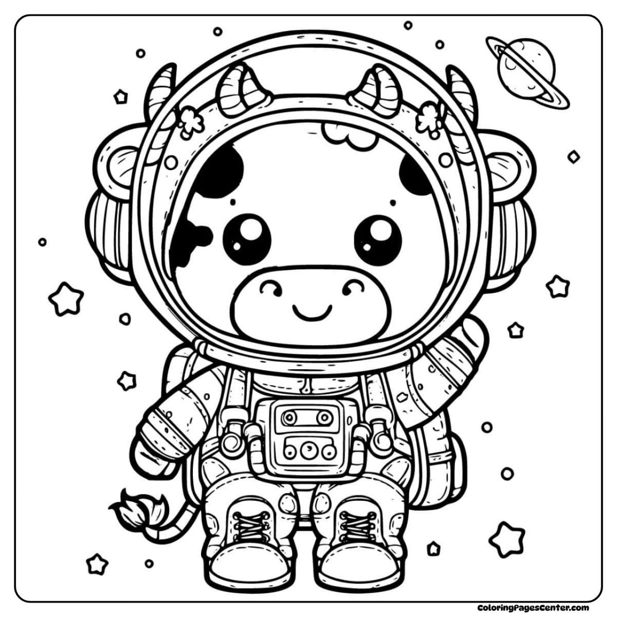 Cow coloring pages featuring a cow floating in space with stars
