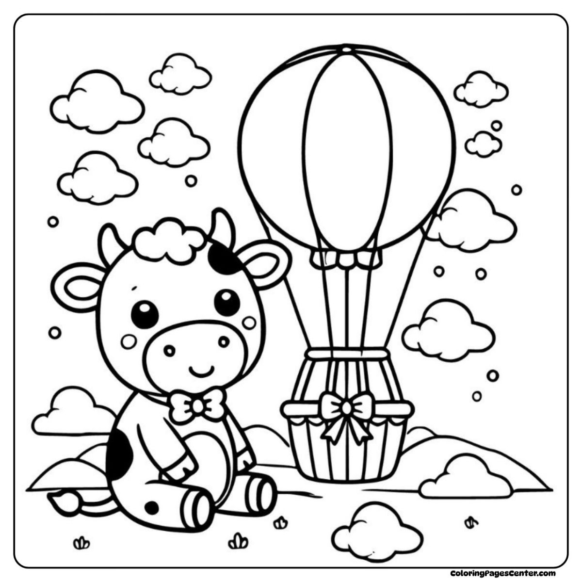 Cow coloring pages with balloon and clouds floating above