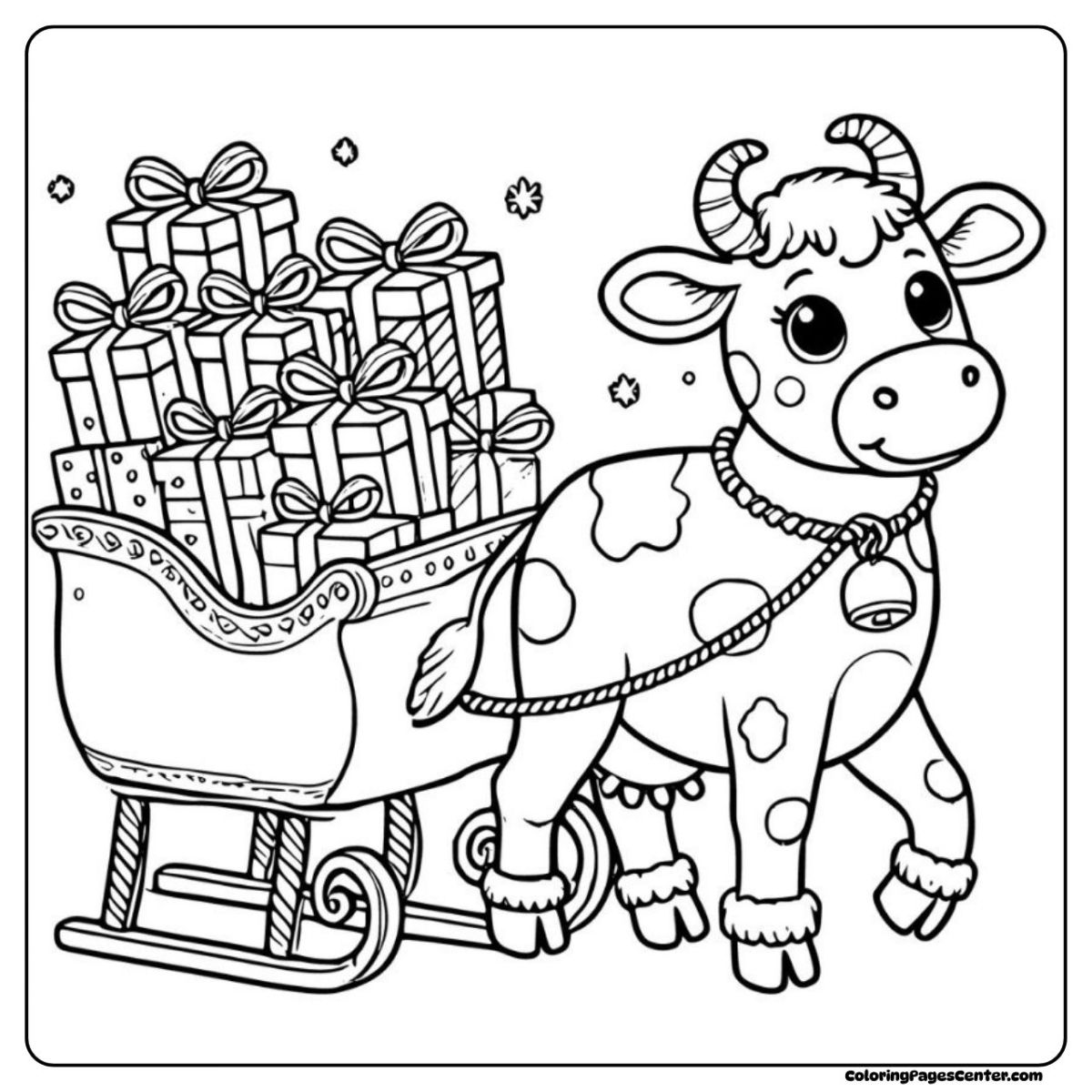 Cow coloring pages with gifts stacked high on the sleigh