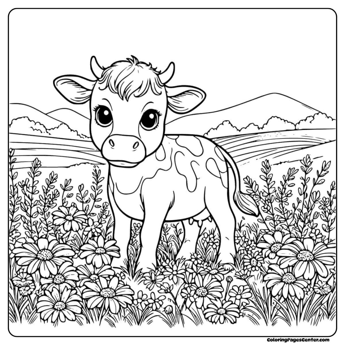 Cow coloring pages with a cute calf and blooming wildflowers