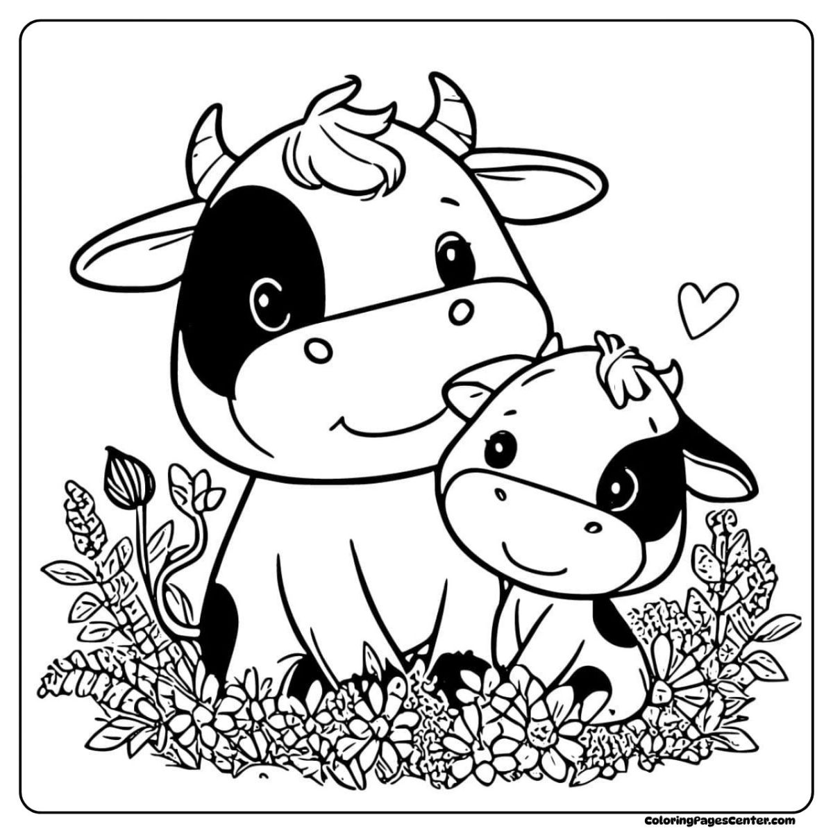Cow coloring pages with two cows nestled in wildflowers