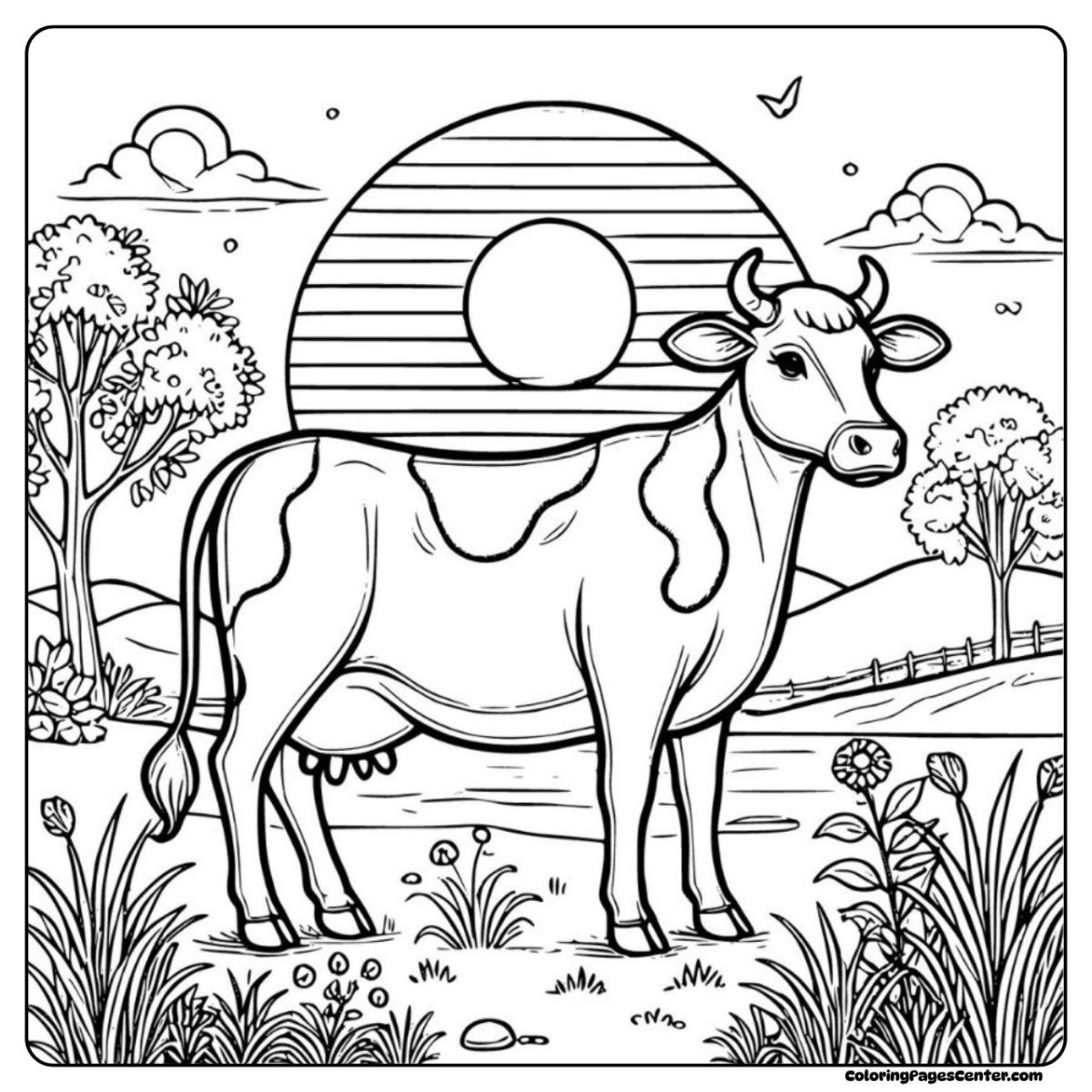 Cow coloring pages showing a scenic sunset behind a calm cow