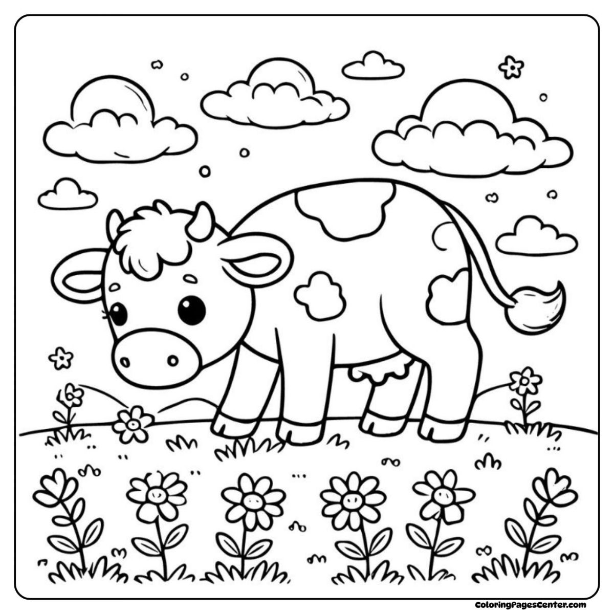 Cow coloring pages showing a gentle cow sniffing daisies