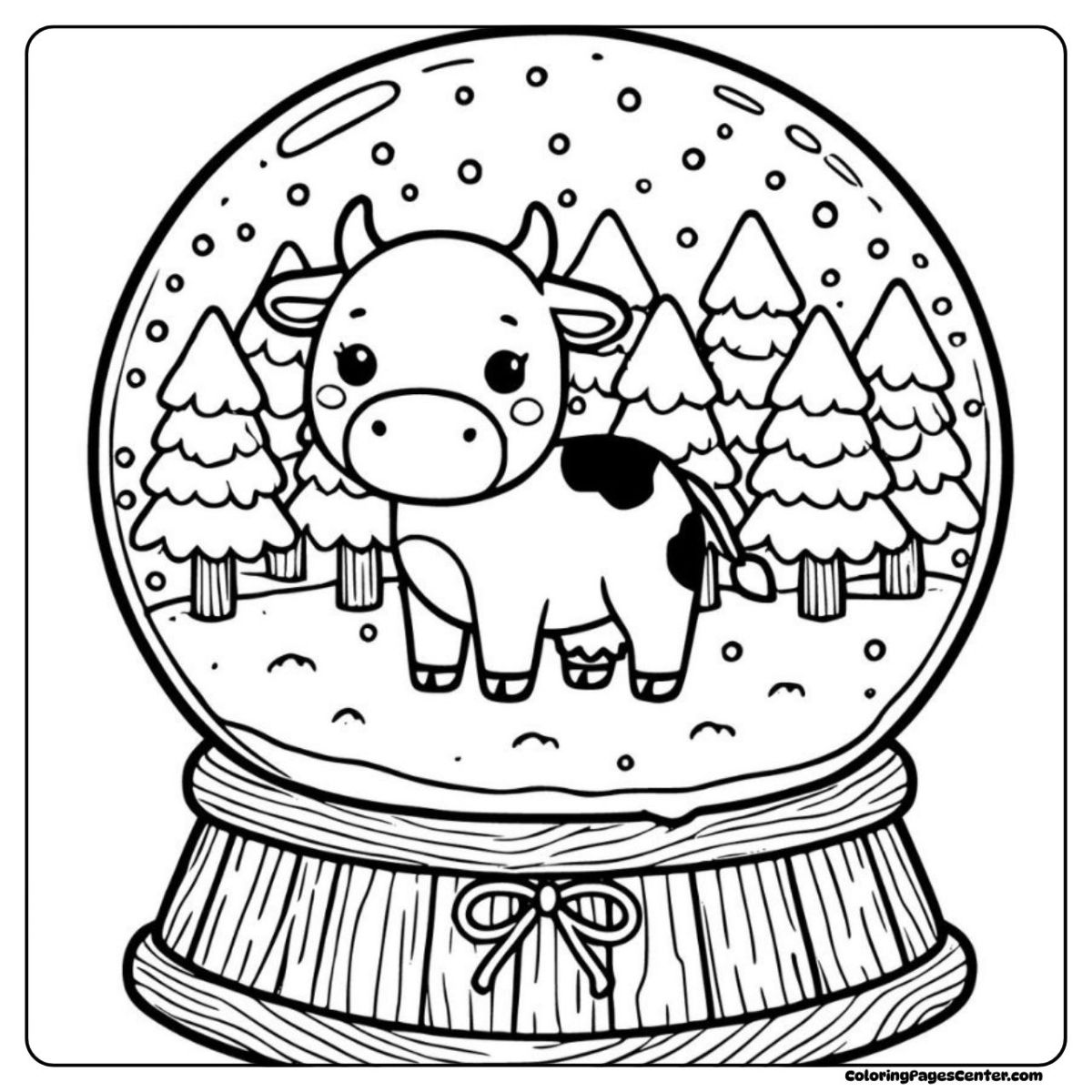 Cow coloring pages inside a snow globe with snowy trees