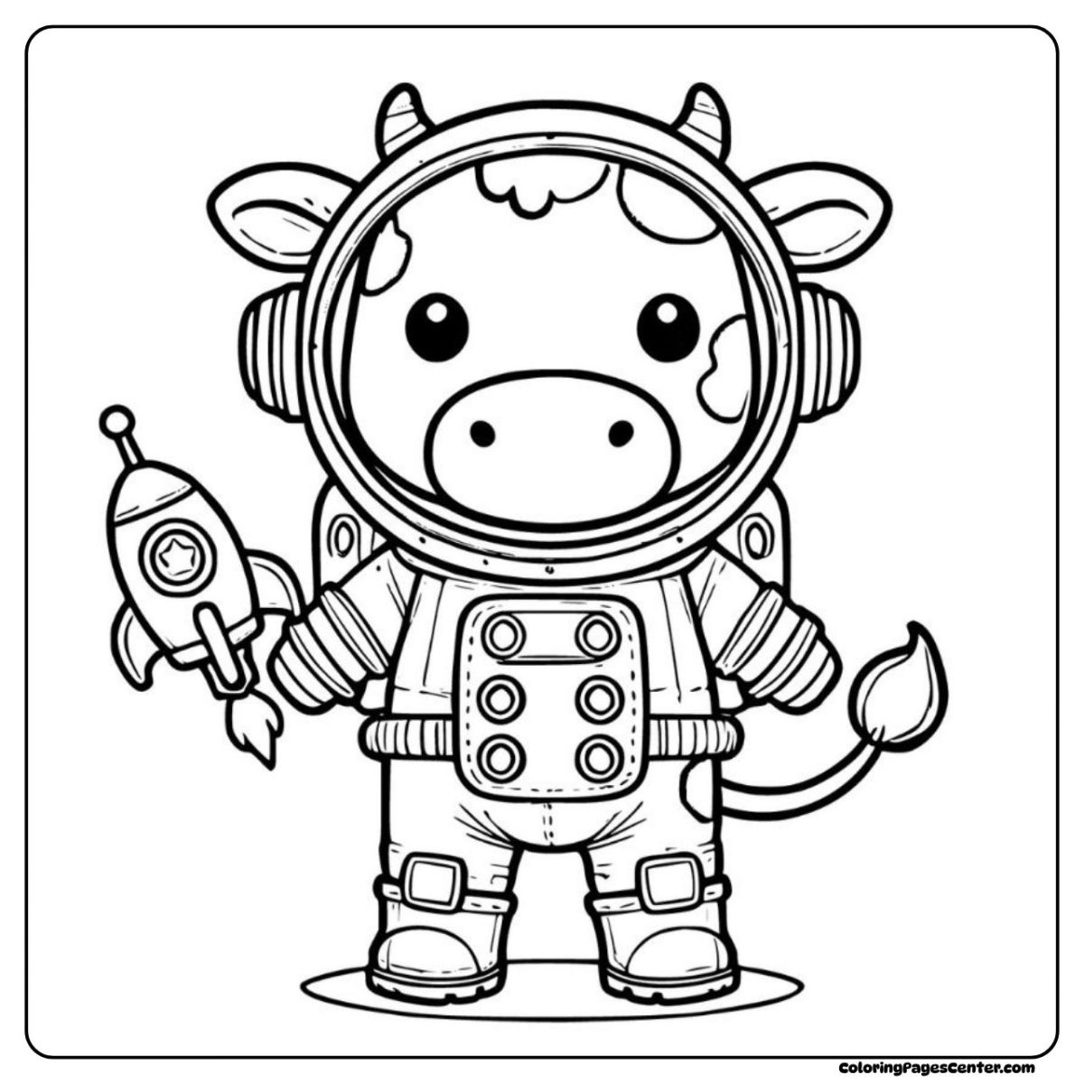 Cow coloring pages with a brave astronaut cow and rocket