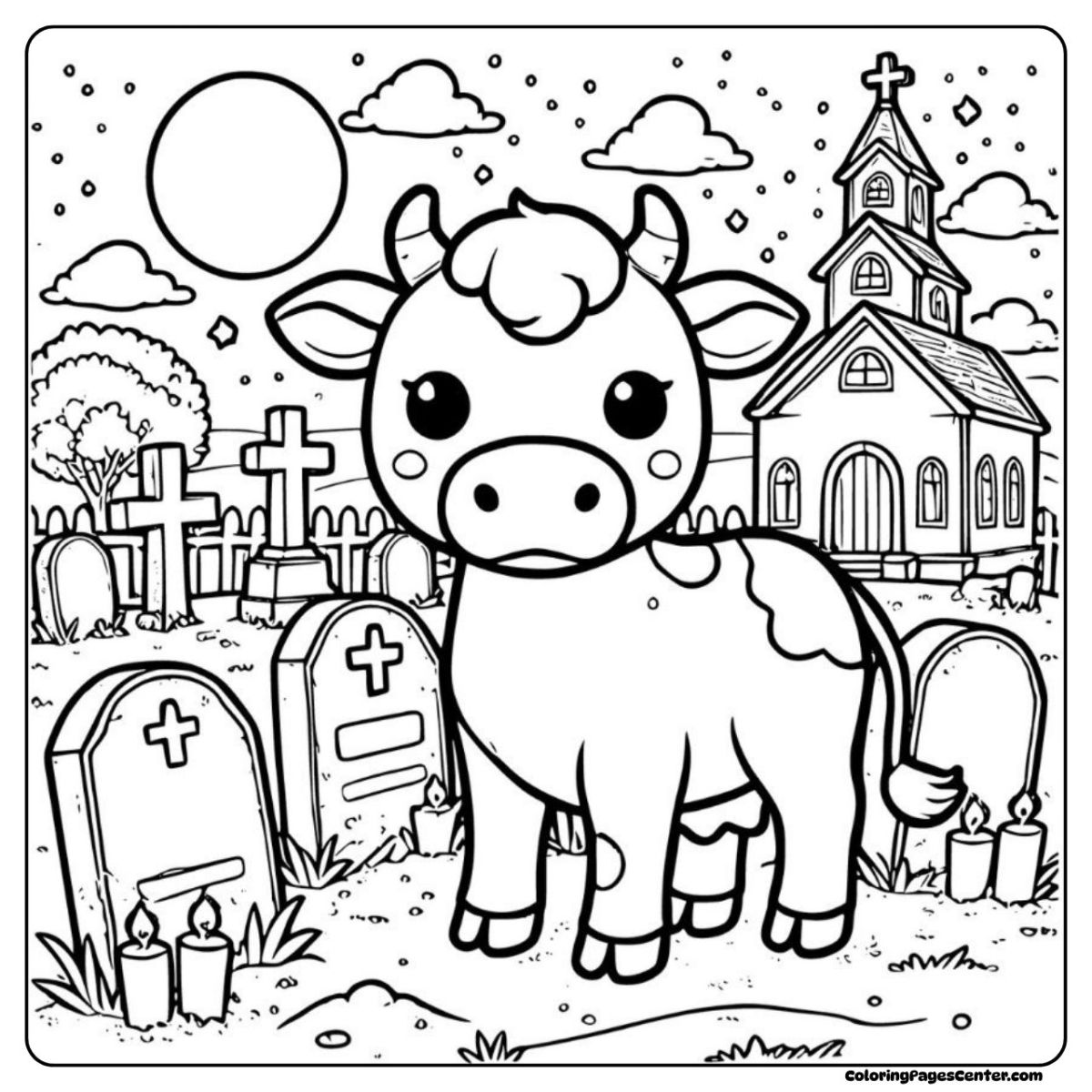 Cow coloring pages with headstones and a full moon behind the calf