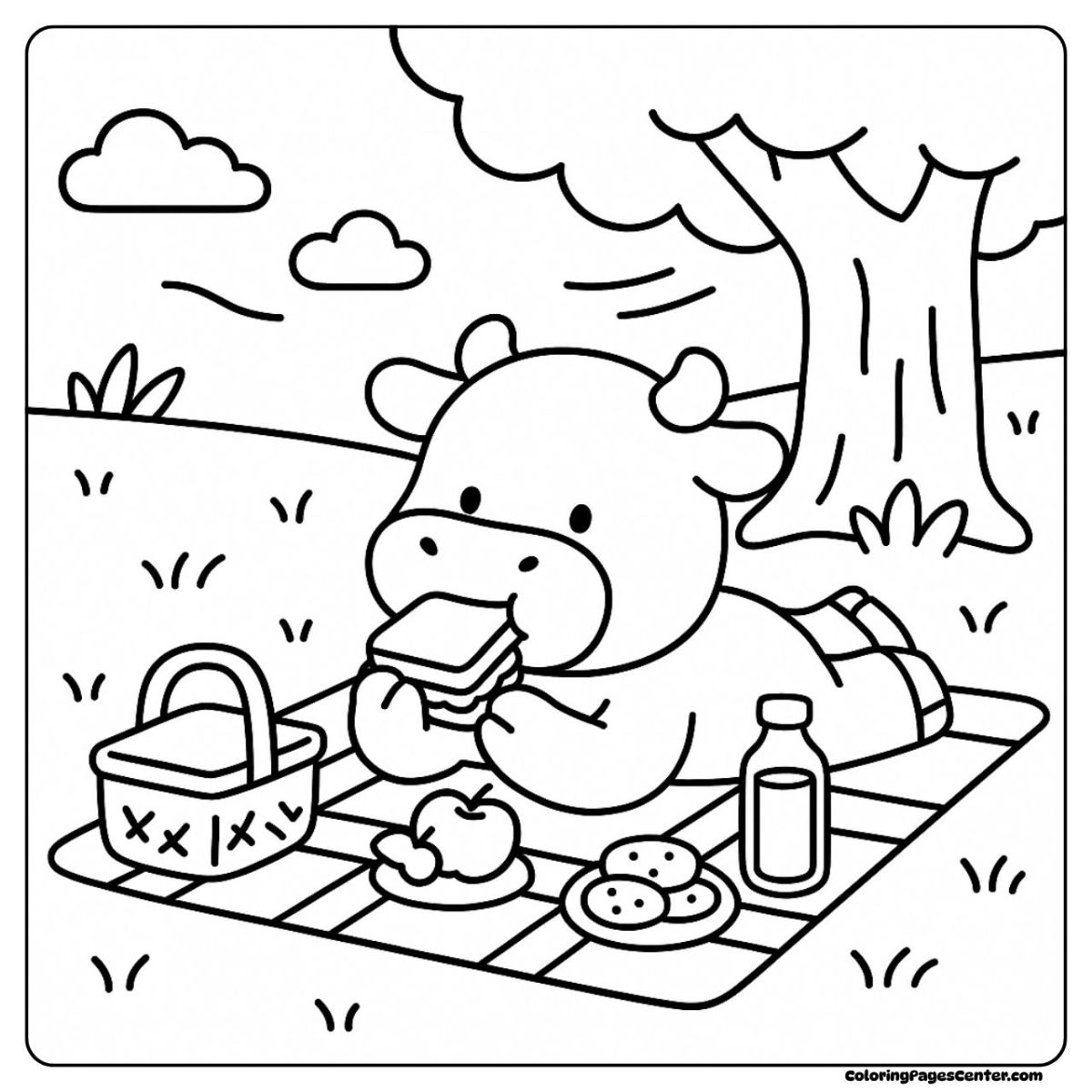 Cow coloring pages with a picnic blanket, snacks, and summer breeze