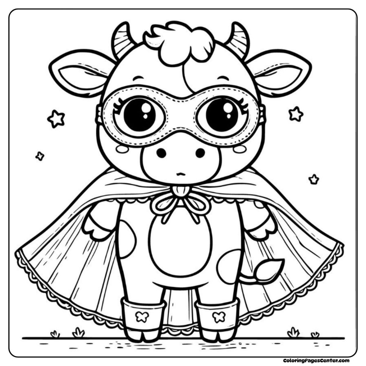 Cow coloring pages showing a brave cow in superhero outfit