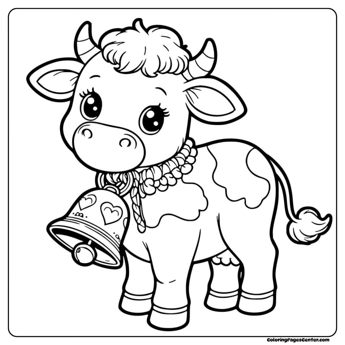 Cow coloring pages with a cute little cow and a lovely neck bell