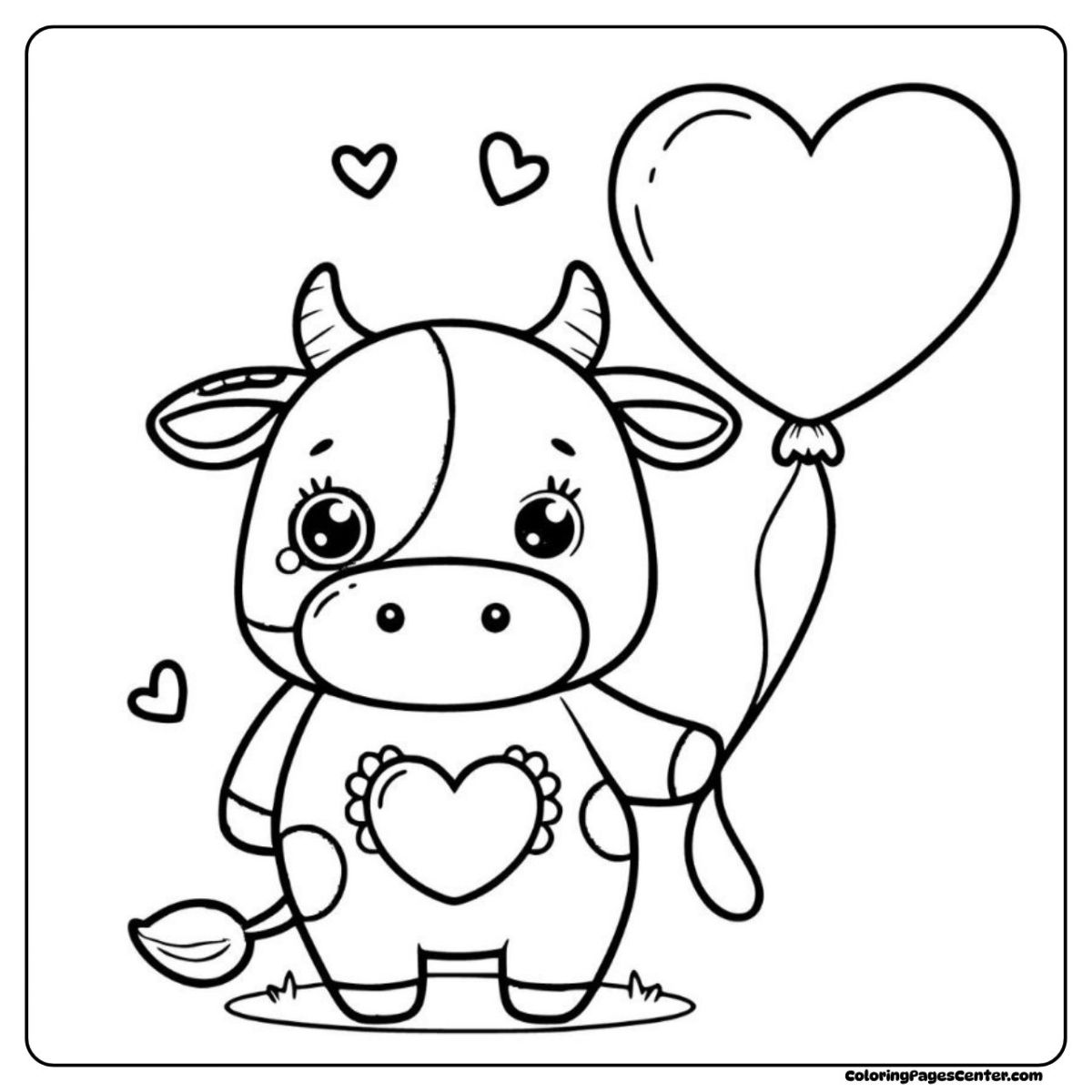 Cow coloring pages with hearts and a cow holding a love balloon