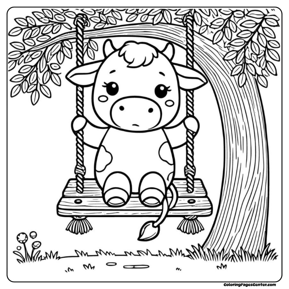 Cow coloring pages with a calf sitting quietly on a swing