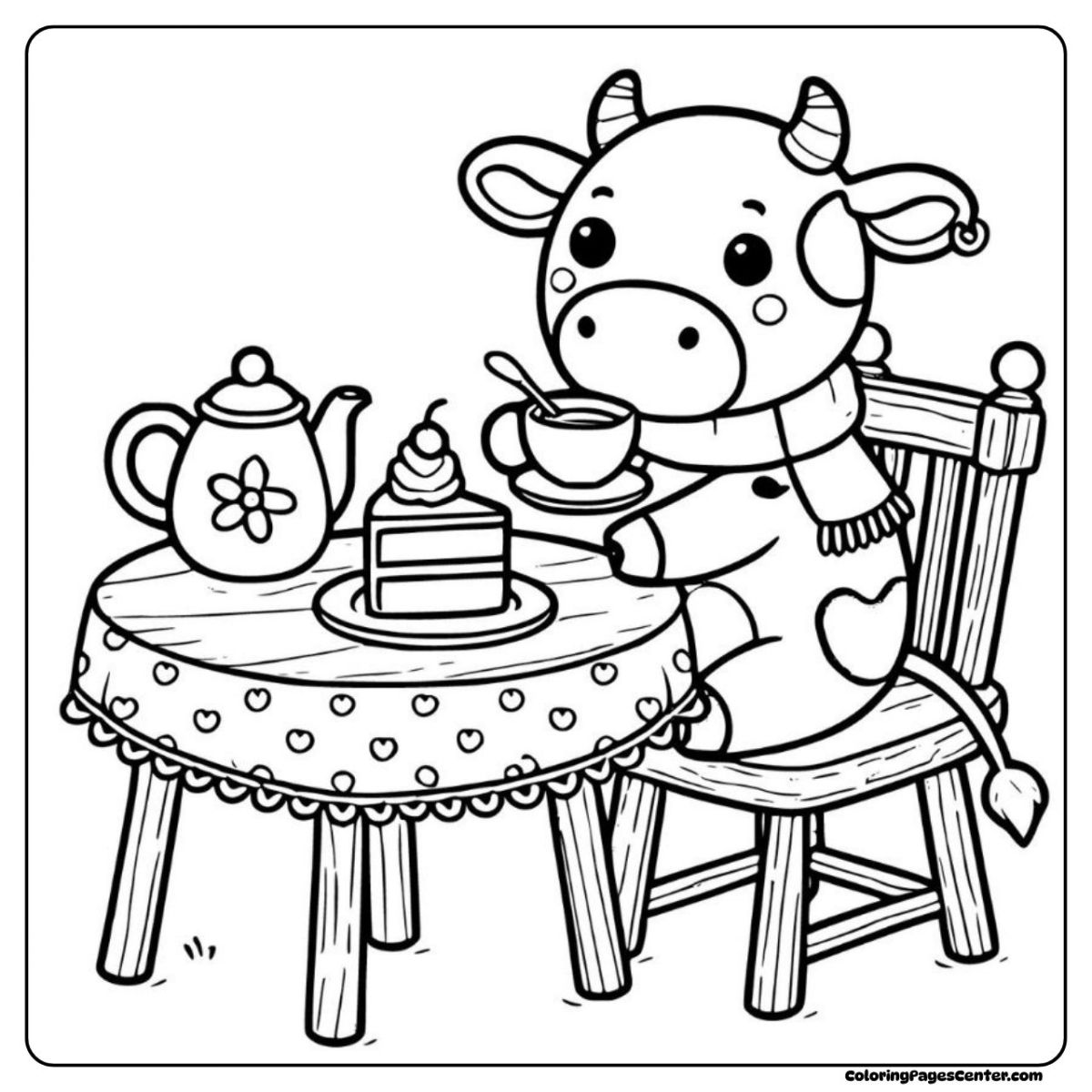 Cow coloring pages with warm tea, cake slice, and cute setup