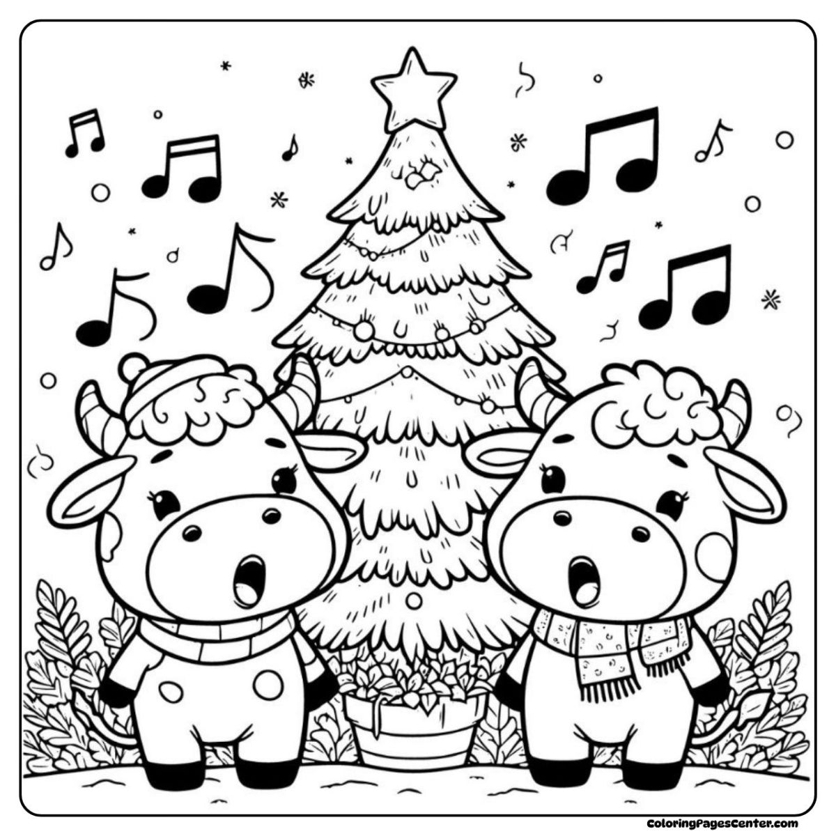 Cow coloring pages with two singing cows and holiday cheer