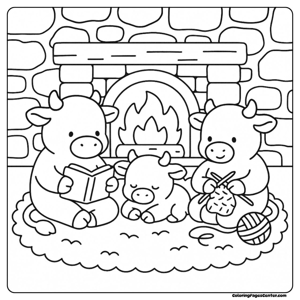 Cow coloring pages with cozy fire, knitting yarn, and shared stories