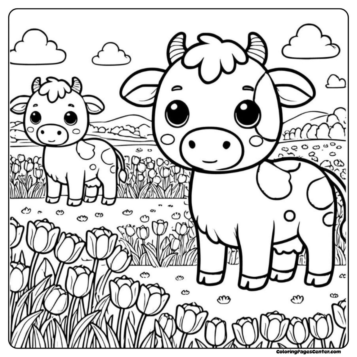 Cow coloring pages with a calf and two singing birds